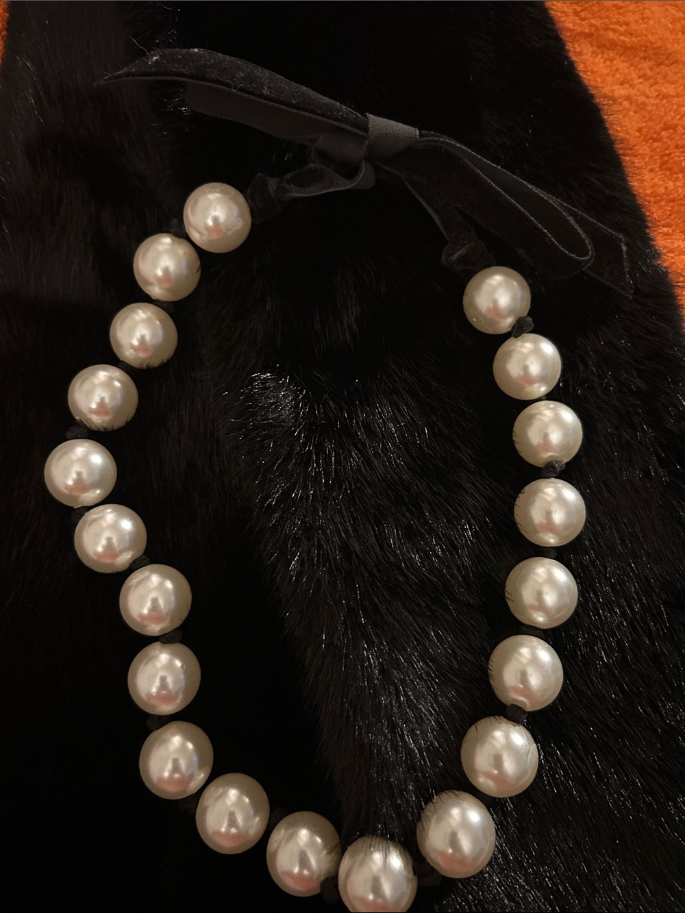 Classic White Pearl like costume Necklace with Black Ribbon